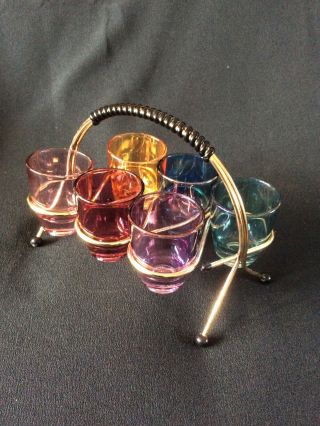 Vintage Set Of 6 Coloured Shot Glasses With Atomic Sputnik Metal Holder 60s