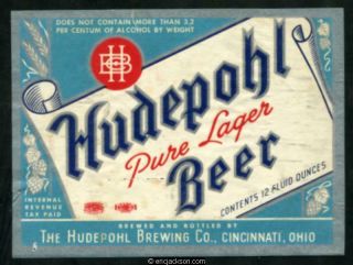 Hudepohl Brewing Co.  Cincinnati,  Ohio.  Hudepohl Pure Lager Beer Label.  Irtp