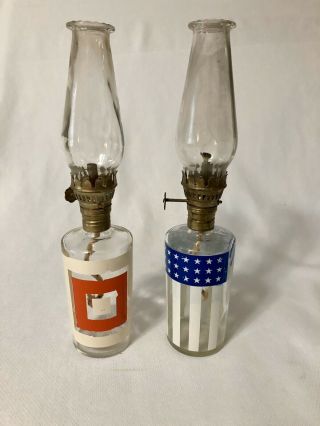 Oil Lamps Set Of 2 Red White Blue Clear 10 1/2 " X 2 "