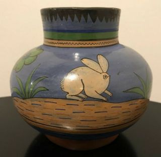 Vintage Mexican Folk Art Blue Vase Clay Pottery Bunny Rabbit 5”