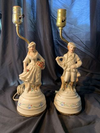 Vintage Pair French Provincial Porcelain Figural Lamps With Nightlight