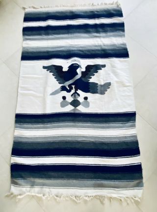 Vtg Hand Woven Mexican Blanket Heavy Wool Aztec Mayan Tight Weave Eagle 46 X 79