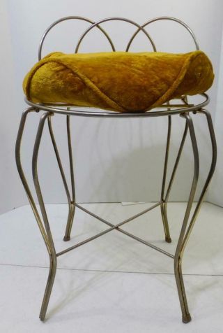 Vtg Metal Vanity Bathroom Stool Chair Gold Tone With Gold Removable Cushion