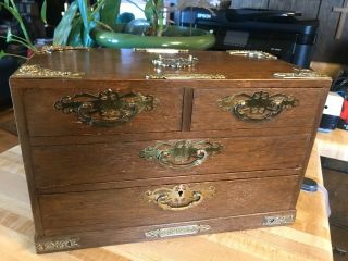 Large Vintage Wood & Brass 4 Drawer Jewelry Chest Made In Japan