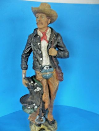 Vintage Resin Cowboy Statue Figurine With Saddle And Bag Standing On A Rock