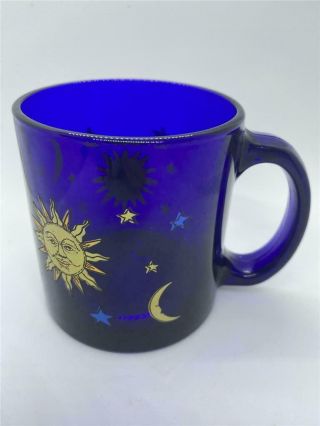 Vintage Libbey Cobalt Blue Glass Celestial Sun Moon Stars Coffee Tea 12 Oz.  Mug
