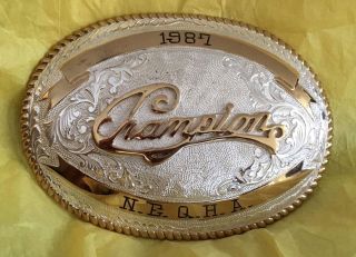 Vintage 1987 Neqha Champion Silver & Bronze Quarter Horse Trophy Belt Buckle