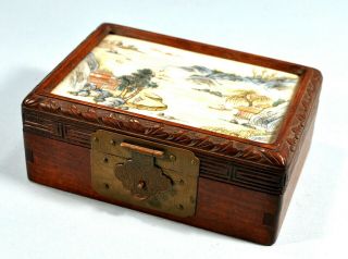 Vintage Chinese Export Carved Wood Trinket Box W/ Porcelain Cover