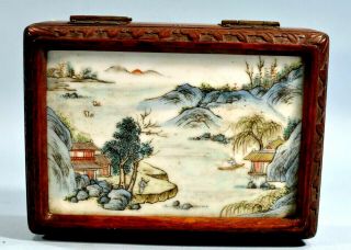 Vintage Chinese Export Carved Wood Trinket Box w/ Porcelain Cover 2