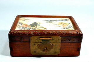 Vintage Chinese Export Carved Wood Trinket Box w/ Porcelain Cover 3