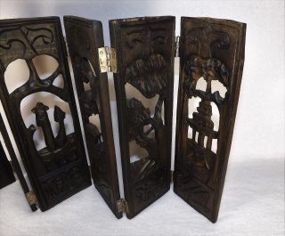 Vintage 6 Panel Mini Asian Screen Divider Carved Wood Reticulated Carving 2