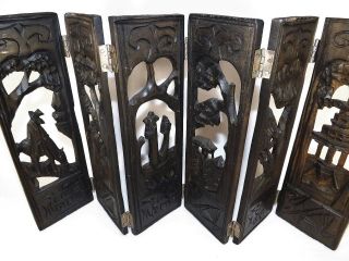 Vintage 6 Panel Mini Asian Screen Divider Carved Wood Reticulated Carving 3