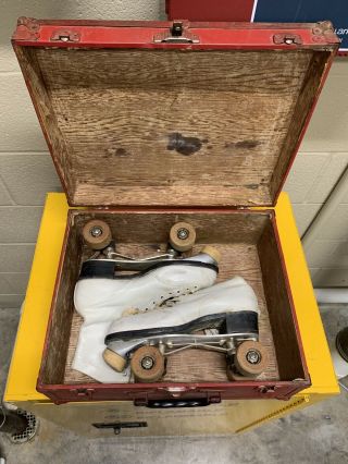Vintage Hyde Chicago Custom Roller Skates With Wooden Wheels & Case Size 8