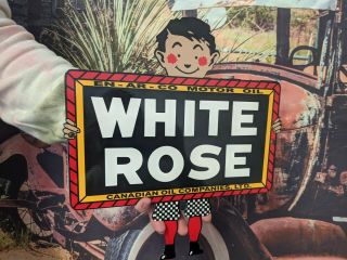 Vintage Old White Rose Gasoline & Motor Oil Porcelain Gas Pump Heavy Metal Sign