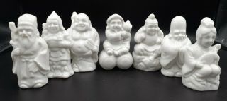 Seven 7 Lucky Gods Of Fortune White Glazed Porcelain Figurines Japanese Japan