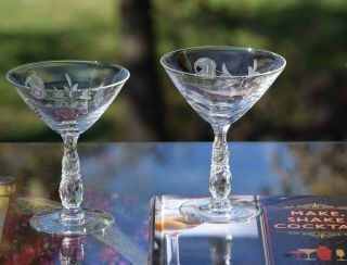 Vintage Etched Crystal Cocktail - Martini Glasses,  Set Of 4