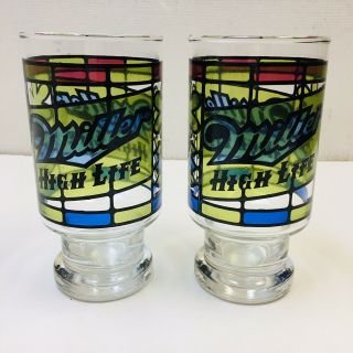 Set Of 2‼ Vintage‼ Miller High Life 5 - 1/2 " Stained Glass Beer Glasses • Vguc‼