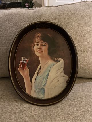 Vintage Antic Coca - Cola Serving Tray Metallic Plate Woman Drinking Coke