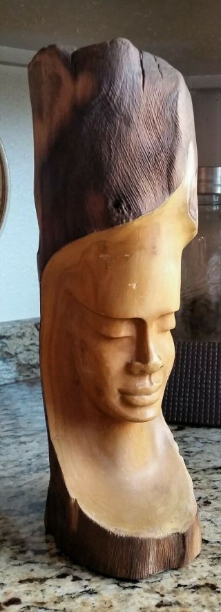 African Art Wooden Woman Head Carved Log Statue - 5 Pounds Solid Wood