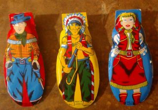 Vintage Cowboy,  Cowgirl And Indian Toy Tin Clickers Crickets Set Of 3 From Japan