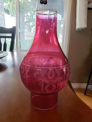 Vintage Cranberry Etched Glass Hurricane Chimney Lamp Shade Globe Sconce