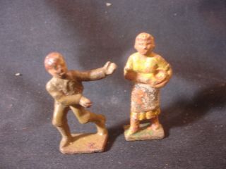 Old Vtg Collectible Cast Iron Cook Woman Military Man Couple Train Garden Toy