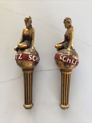 2 Vintage Schlitz Beer Tap Handles Lady Goddess On World Globe Gold 9 1/2”