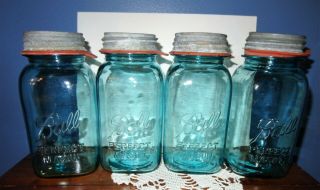 4 Old Vintage Square Blue Glass Ball Quart Canning Jars Mason Zinc Lids Zink Cap