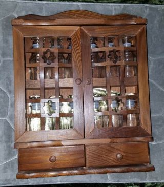 Vintage Hanging Wood Spice Rack Cabinet 2 Doors 2 Drawers Glass Apothecary Jars