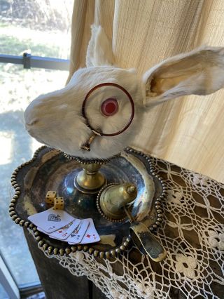 Taxidermy White Rabbit Head On Vintage Candle Holder Alice In Wonderland Theme