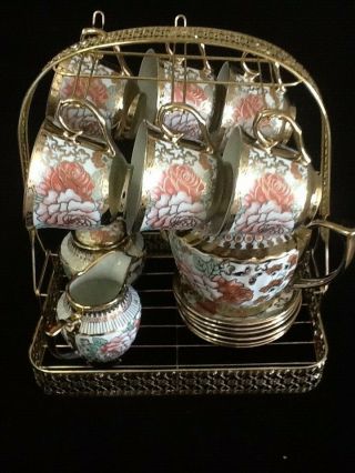 15 Pc Tea Set Tea Pot 6 Cups 6 Saucers Rack Coffee Cup Multi 7 Oz Cups Porcelain
