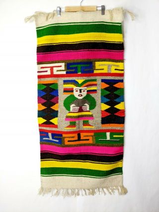 Hand Woven Wool Rug Mexican Tapestry Colorful Rainbow Aztec 42 " X 21.  5 "