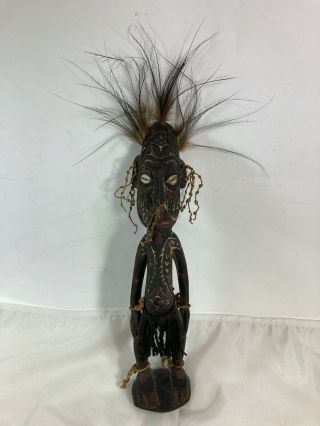 Papua Guinea Wood Carved Standing Figure With Shell Eyes