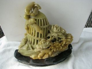 Vintage Art Carved Soapstone Bird Cage Floral Flowers Wooden Stand