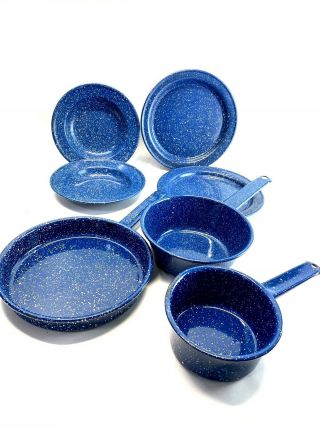 Vtg Enamel Ware Blue White Speckled Metal 7 Pc Set Camping Dishes Bowl Pots Pans