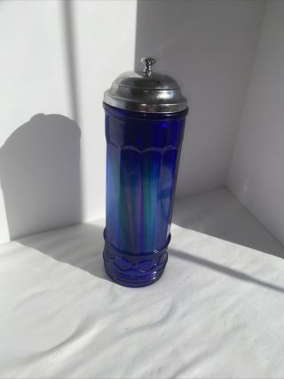Vintage Cobalt Blue Depression Glass Straw Holder Dispenser - 11 1/2 "