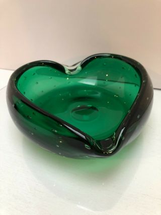 Vintage Murano Art Glass Green Bullicante Controlled Bubble Heart Shaped Bowl