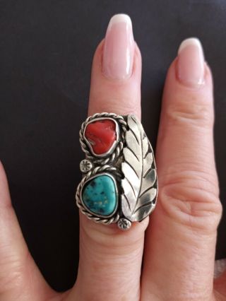 Vtg.  Navajo Sterling Silver 925 Old Pawn Turquoise & Coral Feather Ring Sz 5