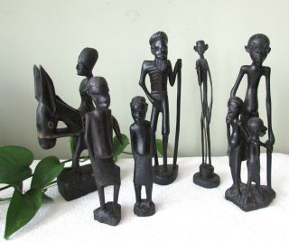 6 Vintage Africa/kenya Hand Carved Wood Figures/statues Native Tribal Folk Art
