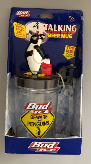 Vintage 1997 Anheuser - Busch Bud Ice Beware Of Penguin Talking Beer Mug