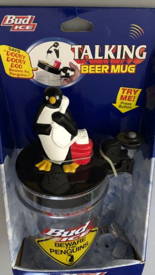 Vintage 1997 Anheuser - Busch Bud Ice Beware of Penguin Talking Beer Mug 2