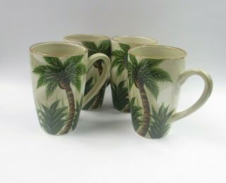 Set Of 4coffee Mugs Tabletop Lifestyle Kona Hand Crafted Hand Painted Palm Tree