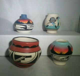 4 Vintage Navajo Hand Painted Pottery Bowl Vase Southwestern Signed Black Horse