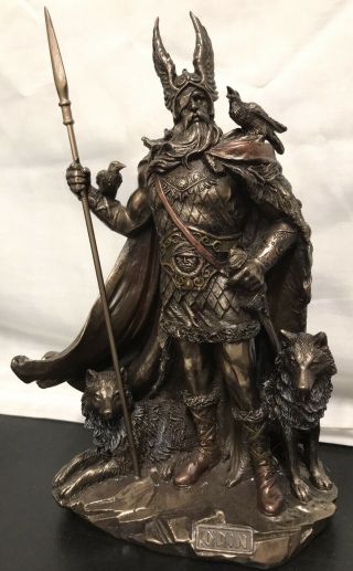 Norse God Odin Bronze Finish Statue Viking Pagan Wolves Ravens