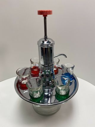 Vtg Liquor Dispenser Pump Decanter With 6 Shot Glasses & Chrome Tray