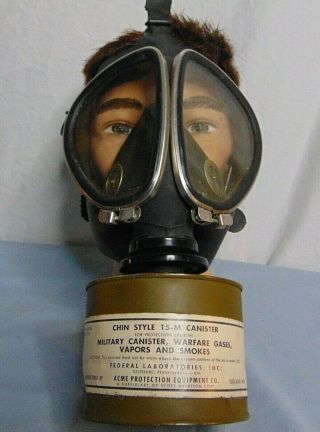Gas Mask Military Vintage Acme Full Vision Face Piece 6 Chin Style Canister
