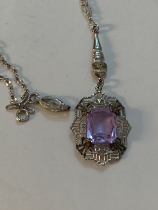 Vtg Art Deco Filigree Lavender Amethyst 925 Sterling Silver Pendant Necklace