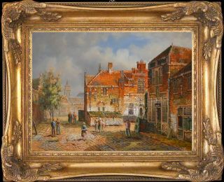 Old Dutch Town Life Vintage Oil Painting,  Wood Frame
