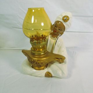 Vintage Ceramic Genie With Aladdin Oil Lamp Amber Glass Enesco Japan Figurine