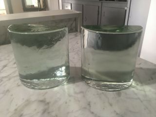 Vintage 2 Modern Blenko Ice Green Blue Half Moon Cylinder Circle Glass Bookends